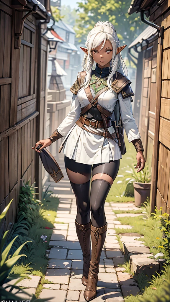 Features: An adventurous elf tennager girl, with elven ears, brown skin, dark skinned, a slightly curvy but still flat body and thin waist. She has bright golden eyes, big eyes, snow white hair, medium length straight hair, twintail hair style, double ponytail hairstyle and curtain bangs. She has a neutral, apathetic expression on her face. Outfit: She wears black and white adventurer clothes. White coat with buttoned sleeves, a black and white striped shirt underneath, a medium-sized white skirt, a black belt, black tights and tall brown leather boots. Scenario: A dense pine forest by day.