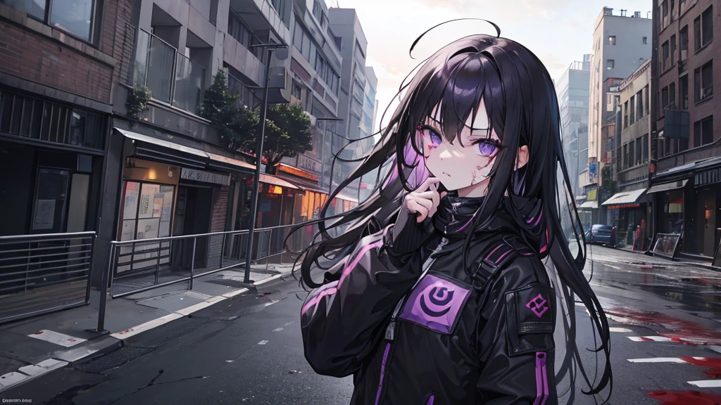 1girl, black long hair, purple eyes, glaring at viewer, wearing tactical gear, urban ruins, absurdres, high res, ultrasharp, 8K, masterpiece, blood on face, grime on face, 4 fingers 1 thumb on each hand, blood on face, grime on face, mature looking, full body