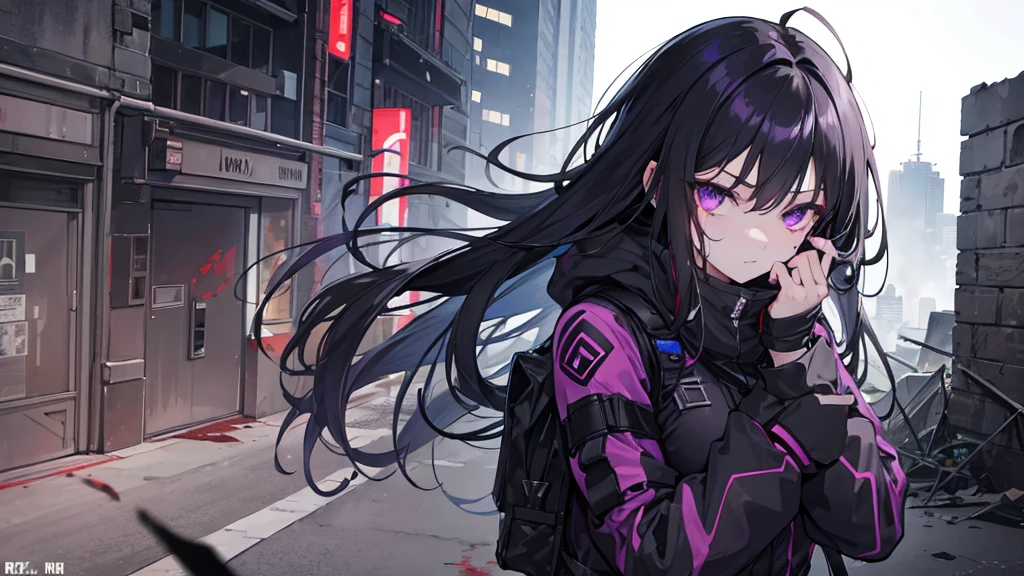 1girl, black long hair, purple eyes, glaring at viewer, wearing tactical gear, urban ruins, absurdres, high res, ultrasharp, 8K, masterpiece, blood on face, grime on face, 4 fingers 1 thumb on each hand, blood on face, grime on face, mature looking, full body