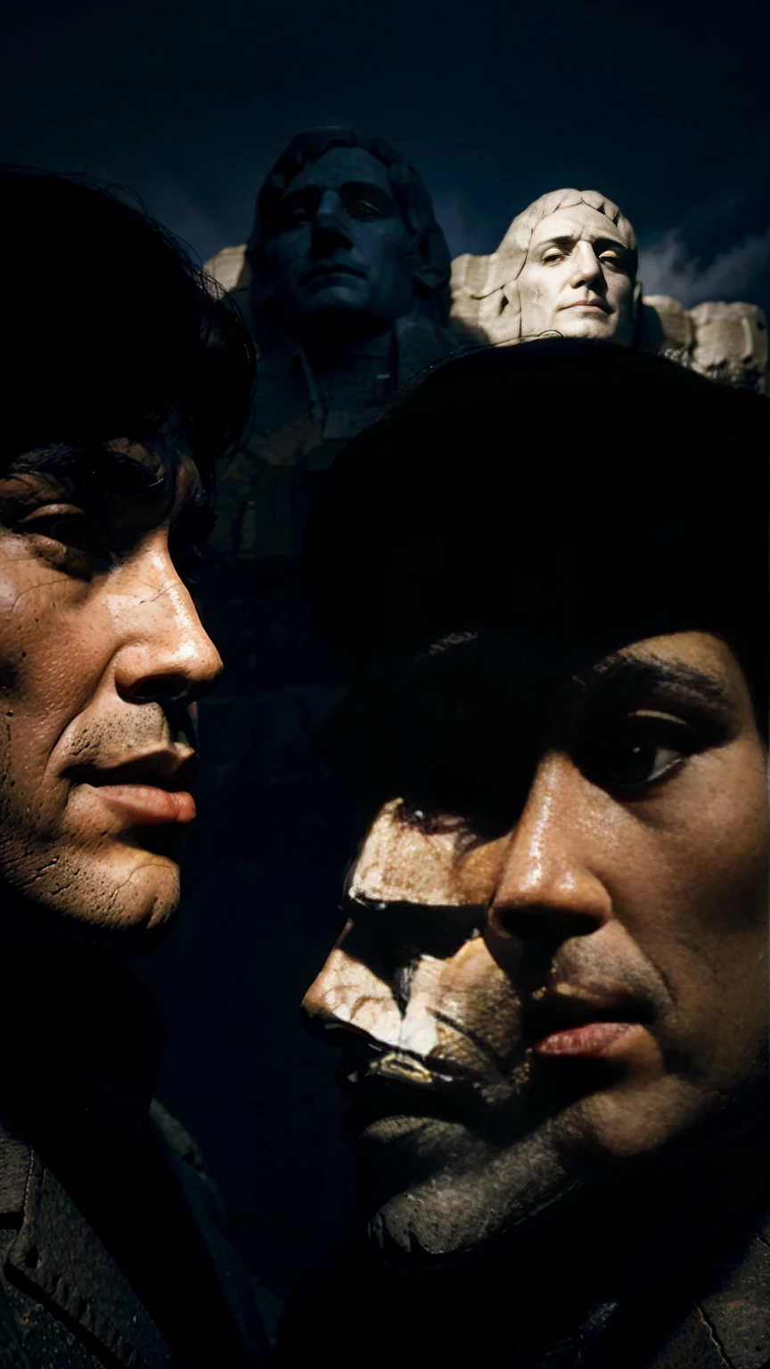 detailed hyperrealistic sculpture of Mount Rushmore national memorial, detailed granite facial features of four US presidents, dramatic dramatic lighting, chiaroscuro lighting, dramatic shadows, highly detailed, 8k, photorealistic, sharp focus, physically-based rendering, extremely detailed, masterpiece, professional