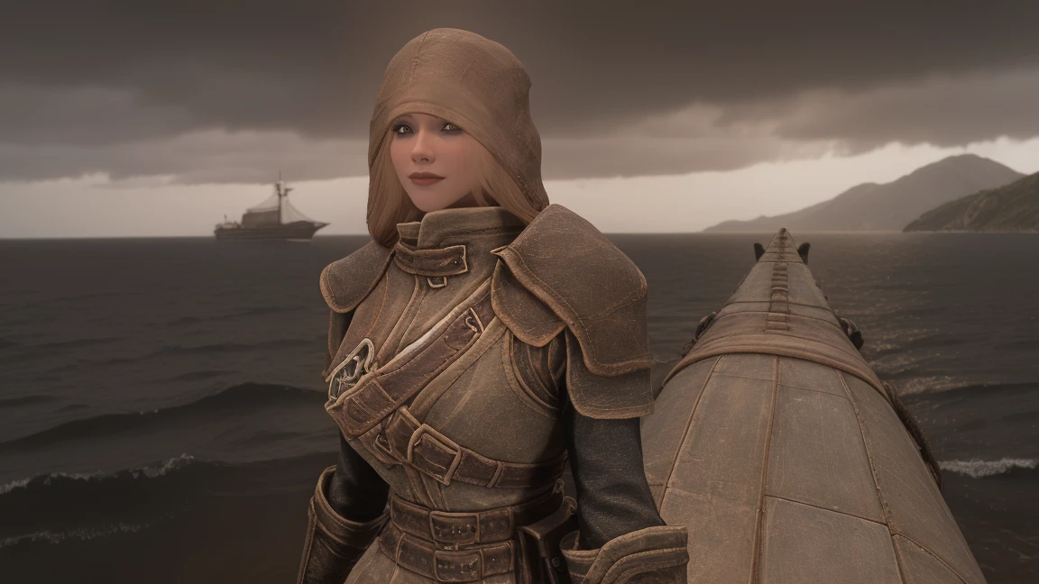 A majestic female Breton stands at the the ship, her long, blond hair whipping in the rain-soaked wind. She wears a worn leather hood, its edges flapping open to reveal her determined expression. The grey sky above is reflected in the calm waters, as the ship cuts through the misty veil shrouding the horizon, bound for the mystical realm of Skyrim, looking at the viewer, relaxed pose