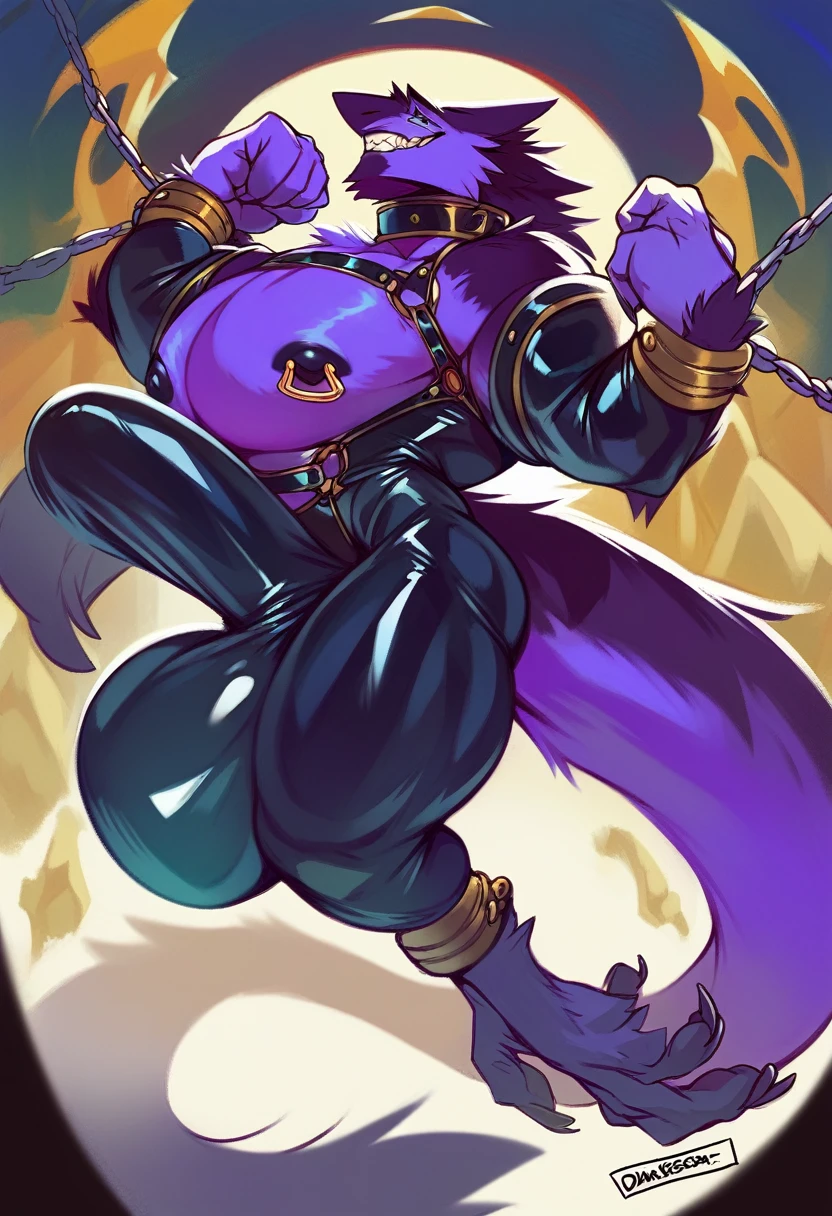 a giant gigantically muscular chained up anthro sergal, full body latex bodysuit, his gigantic hyper giant penis and balls bulge, shiny velvet fur, he has huge round pecs, , massive arms, big thick thighs, broad shoulders. his giant arms are chained up above his head. hes wearing a black harness with super thick straps, belly , legs wide, small head, huge black glossy nipples pierced, big long tail, lots of gold jewellrry, surrounded by gold trinkets, muzzle tied shut with strap, dark dungeon, dynamic mischevious pose, side view, wide angle lens, by darkgem