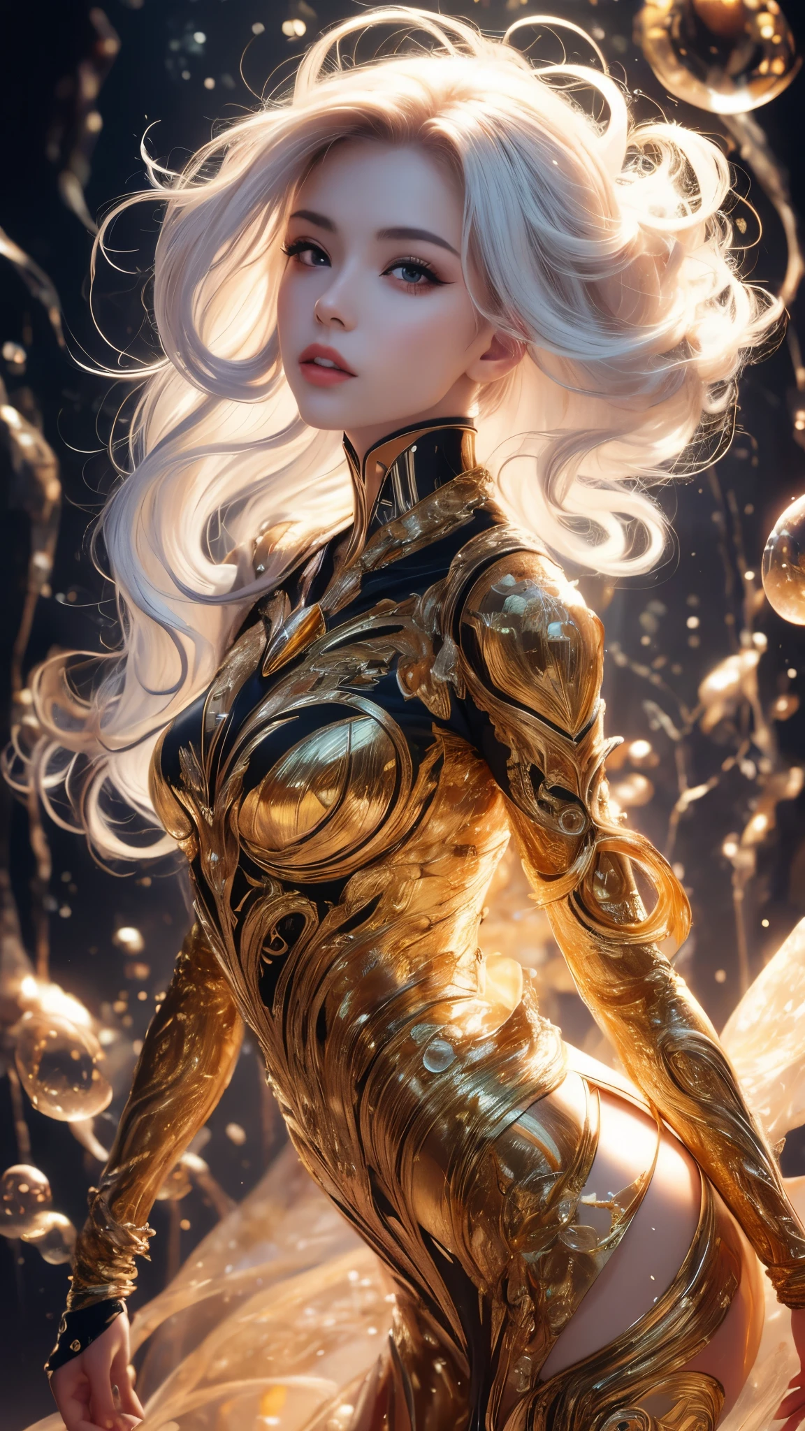 Long white hair flowing,Beautiful woman, surreal,Neon Genesis Evangelion Mecha Suit,Sci-fi style beauty,cyberpunk machine,The image is highly detailed,Clever composition,flawless skin,Sparkling details and elegant poses,Warm tones,Abstract zentangle element,32k(masterpiece,HD,Ultra HD,32k)Balls head curly hair,flowing bubble,universe,bloom, Asian Beauty (Colorful bubbles), Fighting Stance, Looking at the ground,crystal tiara, Chinese long-sleeved black and gold dress, bubble(realistically:1.4),High resolution, detail, RAW photos,Rich colors, Ultra-realistic textures,,dramatic lighting,