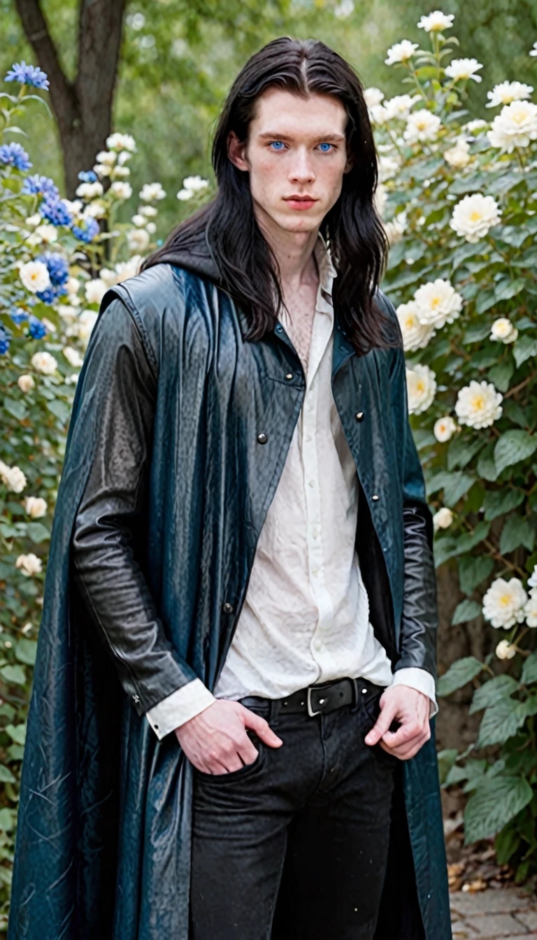Young man, 24 years old, tall, with long black hair and pale skin, blue eyes  , in a faded cloak of black leather  , black pants , white shirt with flowers