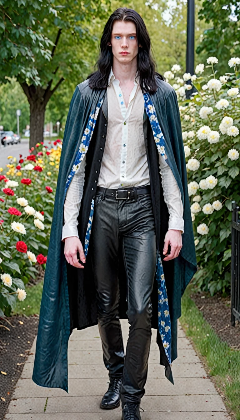Young man, 24 years old, tall, with long black hair and pale skin, blue eyes , in a faded cloak of black leather , black pants , white shirt with flowers