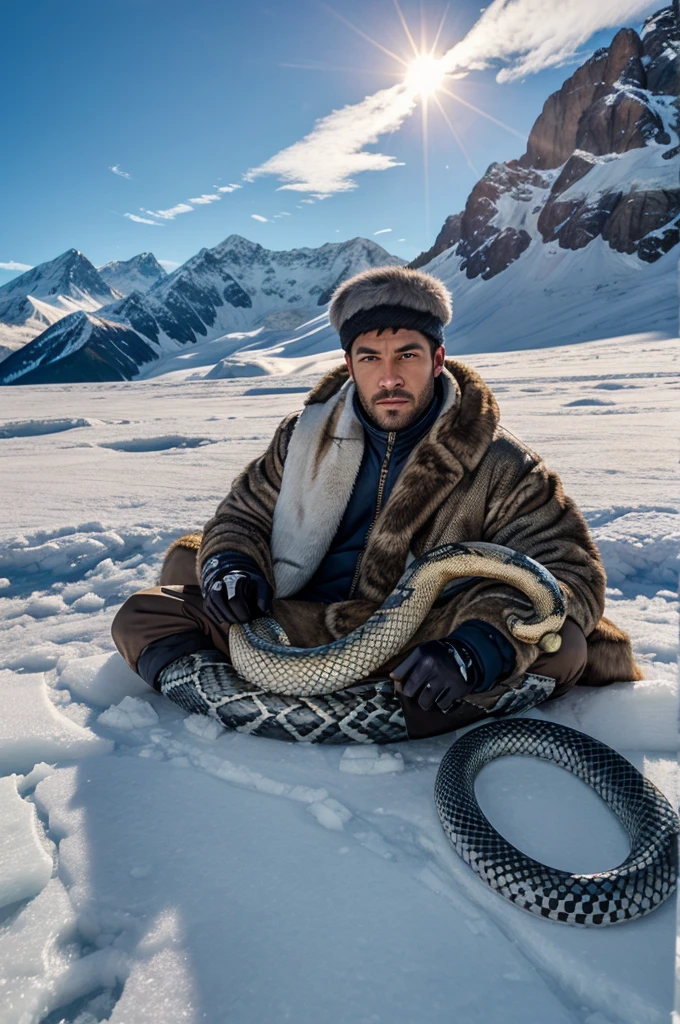 Man in ice mountain wearing animal skin and snake in neck