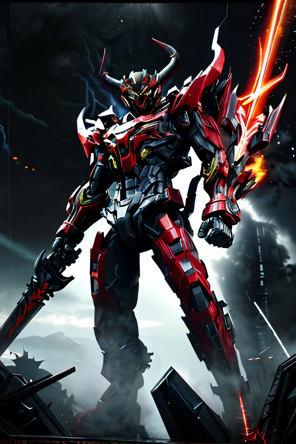 powerfull (demonic creature:1.2), red tech googles, demon mask, androgynous male, strong pose, tech heavy armor, Raiden, metal gear style, lightning effects, thunder effects, dark sky raining, god of thunder, dark hair, infernal city background, tall structures, infernal towers background, dark red and black colors, apocalyptical, far distance, full body, perfect detailed face, detailed symmetric circular iris, realistic, stunning realistic photograph, 3d render, octane render, intricately detailed, cinematic, Isometric, dark fantasy theme, mystical, Dark theme, underworld theme, deviant art masterpiece, white skin, crimson eyes, dark tattoos, colour grading, dark illustration, extreme quality, extremely detailed, ultra-detailed face, ultra hd 8k, dark lightning, concept art, hyperdetailed, intricately detailed gothic art, triadic colours, fantastical, intricate detail, splash screen, complementary colours, fantasy concept art, 8k resolution, soft lighting, film photography, film grain, hyperrealist