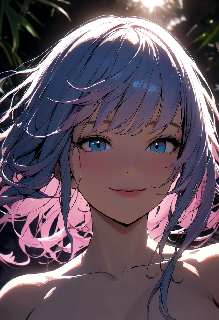 highly detailed, 8k, Masterpiece, 1 girl, Pink blue_Hair, naked, SMILE, (perfect_face), tied, close up, bdsm, in_Back, florida, intricate, dramatic lighting, 4k, detailed_Background, Caustics, llino_body,