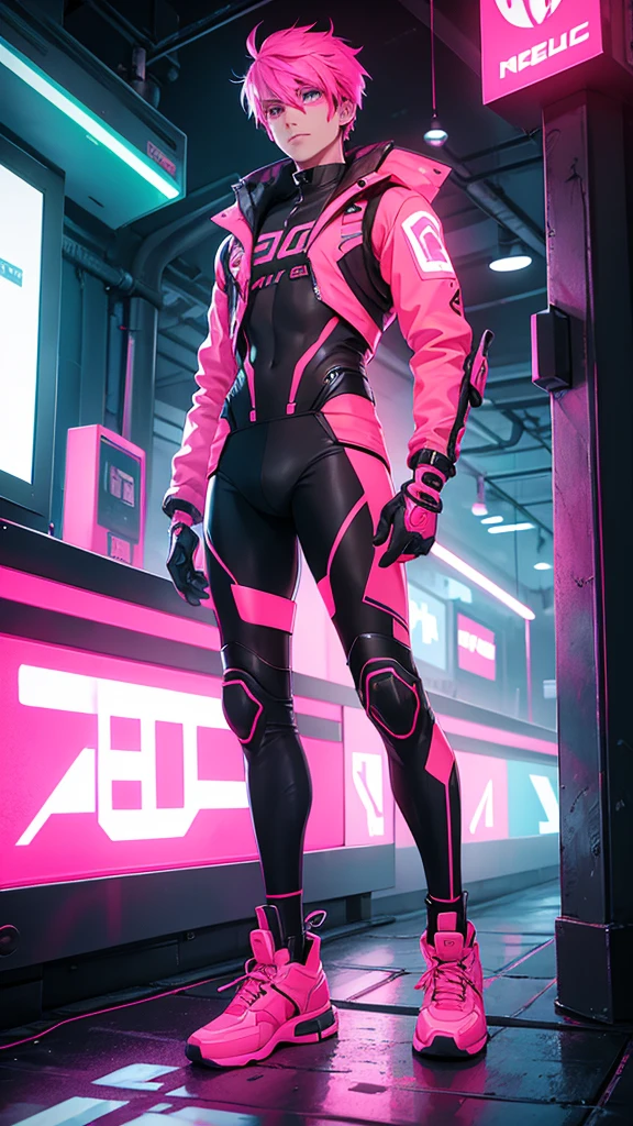 A man in neon red and neon pink cybernetic outfit full body