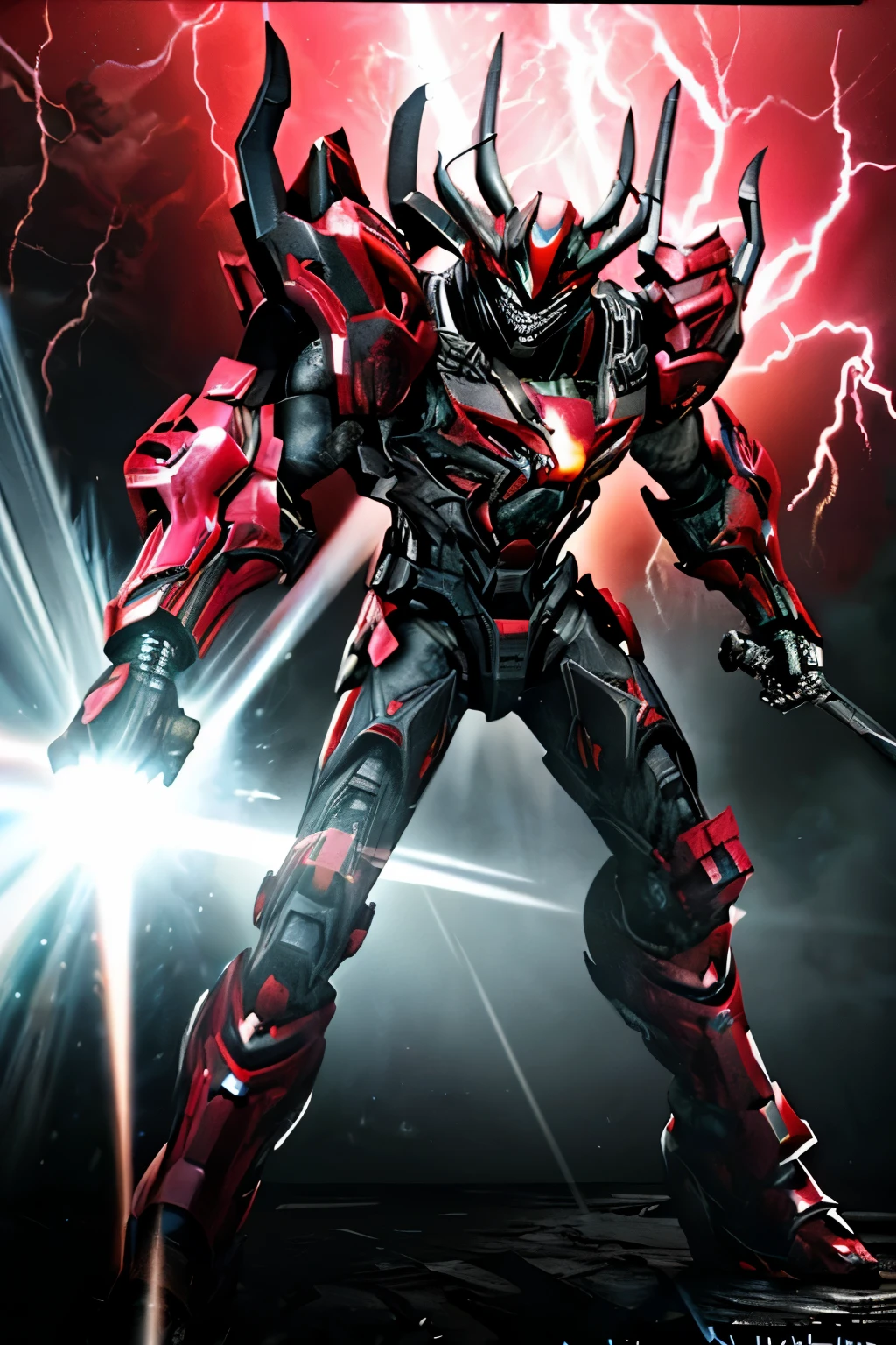 powerfull (demonic creature:1.2), red tech googles, demon mask, androgynous male, strong pose, tech heavy armor, Raiden, metal gear style, lightning effects, thunder effects, dark sky raining, god of thunder, dark hair, infernal city background, tall structures, infernal towers background, dark red and black colors, apocalyptical, far distance, full body, perfect detailed face, detailed symmetric circular iris, realistic, stunning realistic photograph, 3d render, octane render, intricately detailed, cinematic, Isometric, dark fantasy theme, mystical, Dark theme, underworld theme, deviant art masterpiece, white skin, crimson eyes, dark tattoos, colour grading, dark illustration, extreme quality, extremely detailed, ultra-detailed face, ultra hd 8k, dark lightning, concept art, hyperdetailed, intricately detailed gothic art, triadic colours, fantastical, intricate detail, splash screen, complementary colours, fantasy concept art, 8k resolution, soft lighting, film photography, film grain, hyperrealist