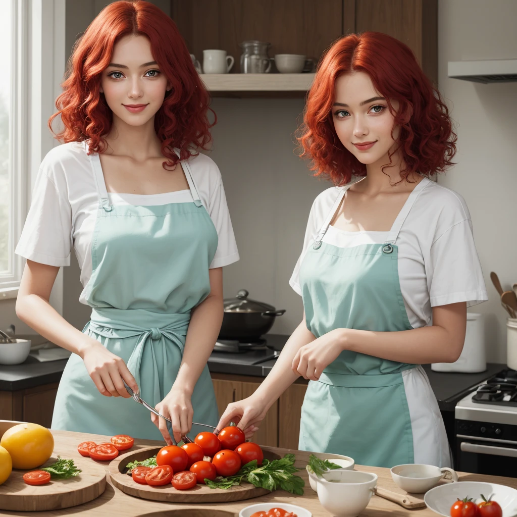 (masterpiece, Best quality, A high resolution, A high resolution:1.2), extremely detailed, realistic, complex parts, portrait at the table, Shot at eye level, Naomi, beautiful 27 year old European, With natural , in a white T-shirt , green apron apron , curly red hair, in cooking, cooking in the kitchen , From Side, smiling. (holding a jar of pickled tomatoes). Correct hands and fingers