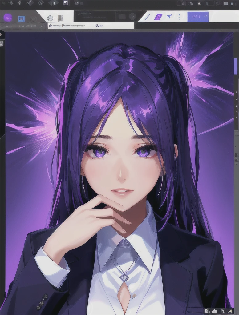 there is a woman in a suit and tie making a face, blacklight reacting, twitch streamer, very very low quality picture, his palms are sweaty, looking into camera, plump lips