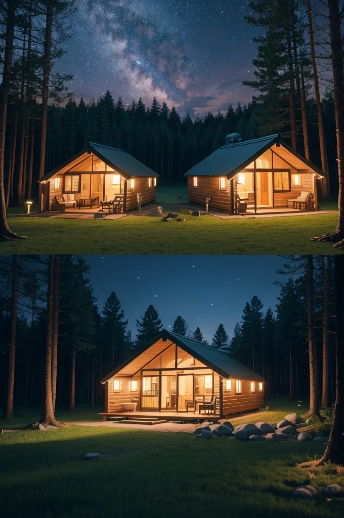 Create a gacha life style scenario of a camp with cabins in a forest at night