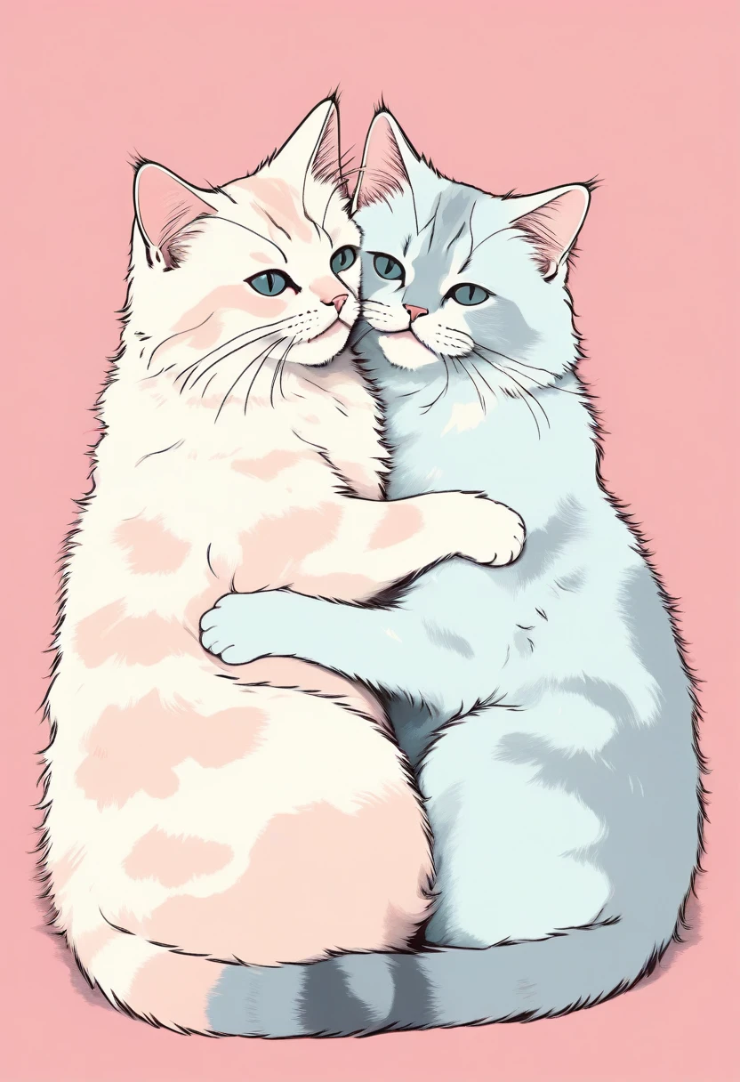 score_9, score_8_up, score_7_up, score_6_up, score_5_up, score_4_up, two cute fluffy cats snuggling up to each other with their shoulders touching, pale pastel colors in the background, like pop art