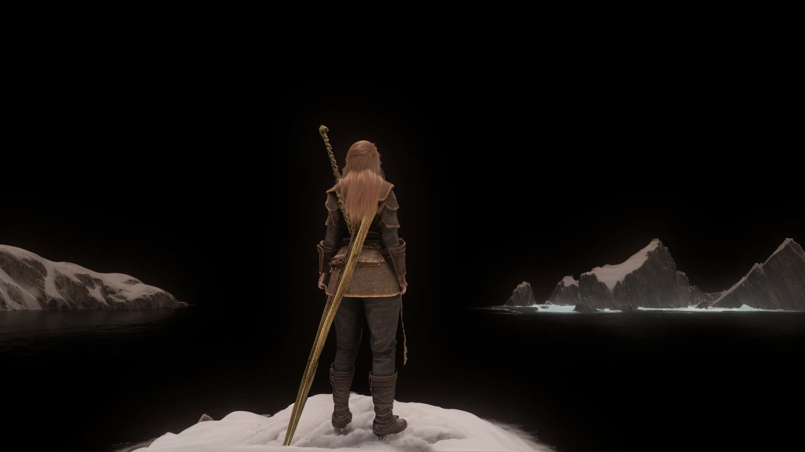 A lone figure, a majestic female Breton, stands at the bow of a ship cutting through the icy waters as it sets sail towards the frozen wilderness of Skyrim. The warmth of her fur-lined cloak and the golden glint of her long hair are contrasted against the chill of the snowy daytime landscape. Her hood is thrown back, revealing a determined gaze, as she gazes out at the horizon. , looking at the viewer, relaxed pose