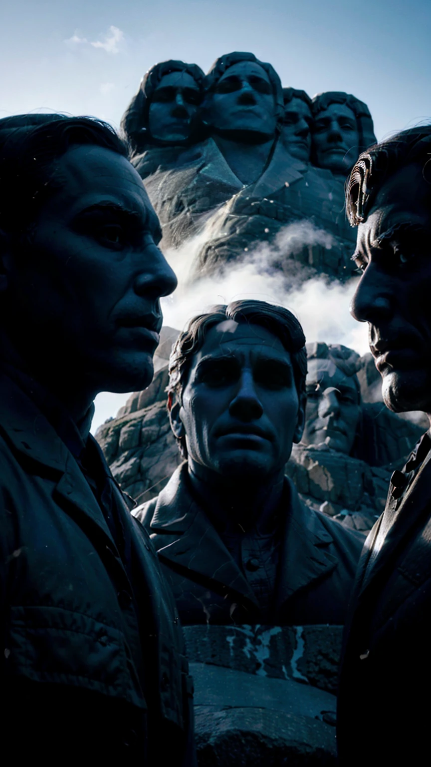 detailed hyperrealistic sculpture of Mount Rushmore national memorial, detailed granite facial features of four US presidents, dramatic dramatic lighting, chiaroscuro lighting, dramatic shadows, highly detailed, 8k, photorealistic, sharp focus, physically-based rendering, extremely detailed, masterpiece, professional
