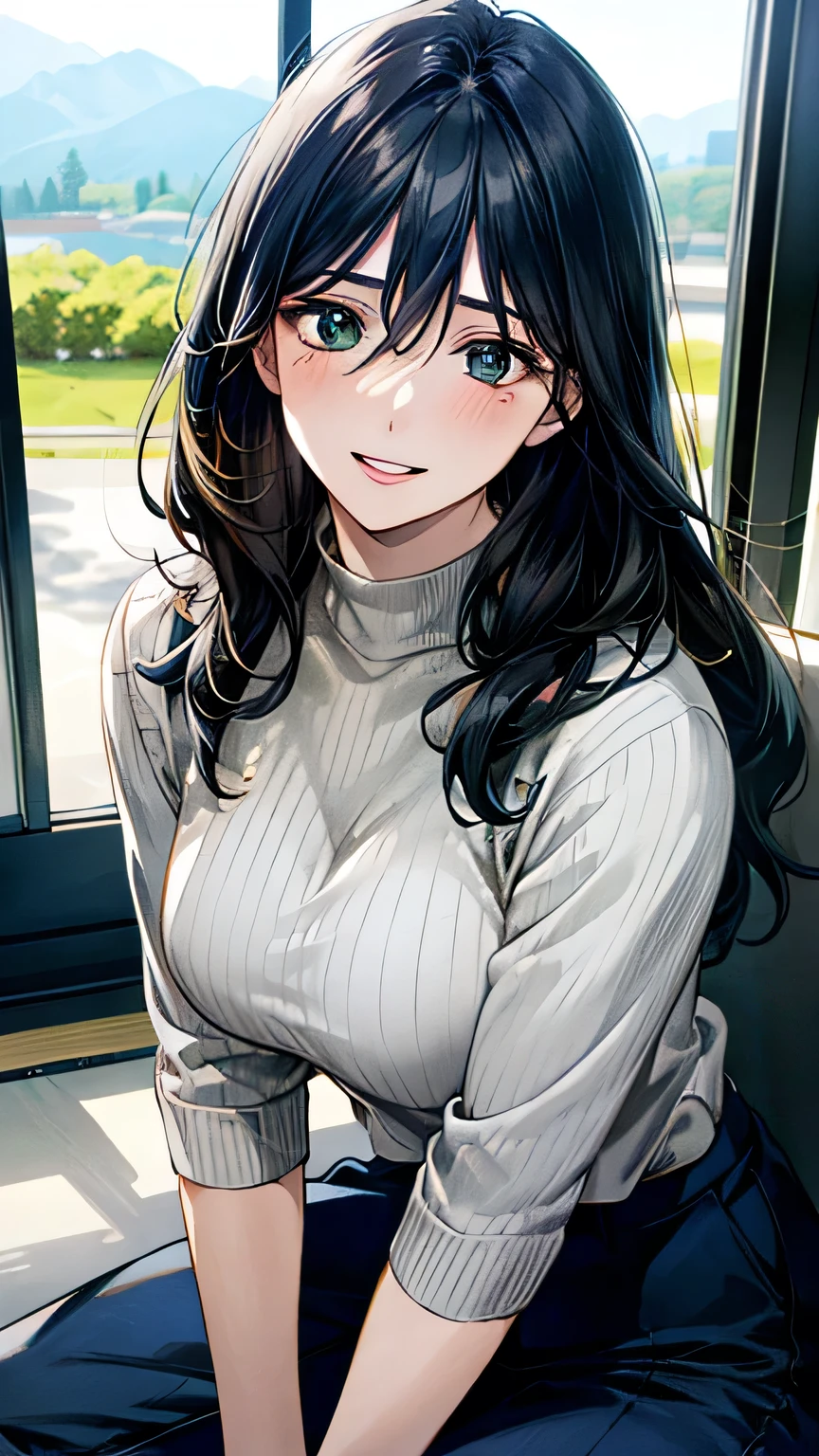 (masterpiece:1.3, top-quality, ultra high res, ultra detailed), (realistic, photorealistic:1.4), beautiful illustration, perfect lighting, natural lighting, colorful, depth of fields,
looking at viewer, full body, front view:0.6, 1 girl, japanese, office lady, 19 years old, perfect face, (perfect anatomy), cute and symmetrical face, baby face, shiny skin, ,
(long hair:1.7, straight hair:1.2, black hair), hair between eyes, emerald green eyes, long eye lasher, (large breasts:0.8),
beautiful hair, beautiful face, beautiful detailed eyes, beautiful clavicle, beautiful body, beautiful chest, beautiful thigh, beautiful legs, beautiful fingers,
((half-sleeve navy high neck sweater, gray stretch tapered pants), id card),
(beautiful scenery), day time, (office lounge), drinking canned coffee, (happy smile, half-closed eye, parted lips),