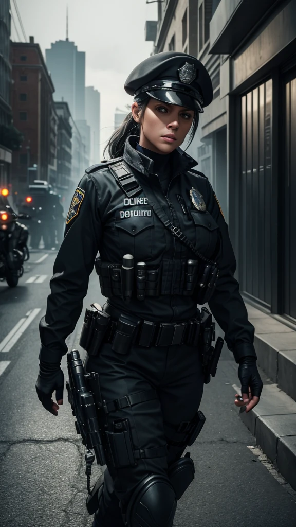 a female police officer, dark gray uniform, patrolling the streets with her german shepherd dog, hyperrealistic, highly detailed, octane render, cinematic lighting, dramatic pose, beautiful detailed eyes, beautiful detailed lips, extremely detailed face, long eyelashes, muscular body, serious expression, tactical gear, city background, gritty urban environment, cinematic camera angle, dramatic shadows, moody colors, muted tones, photorealistic, 8k, best quality