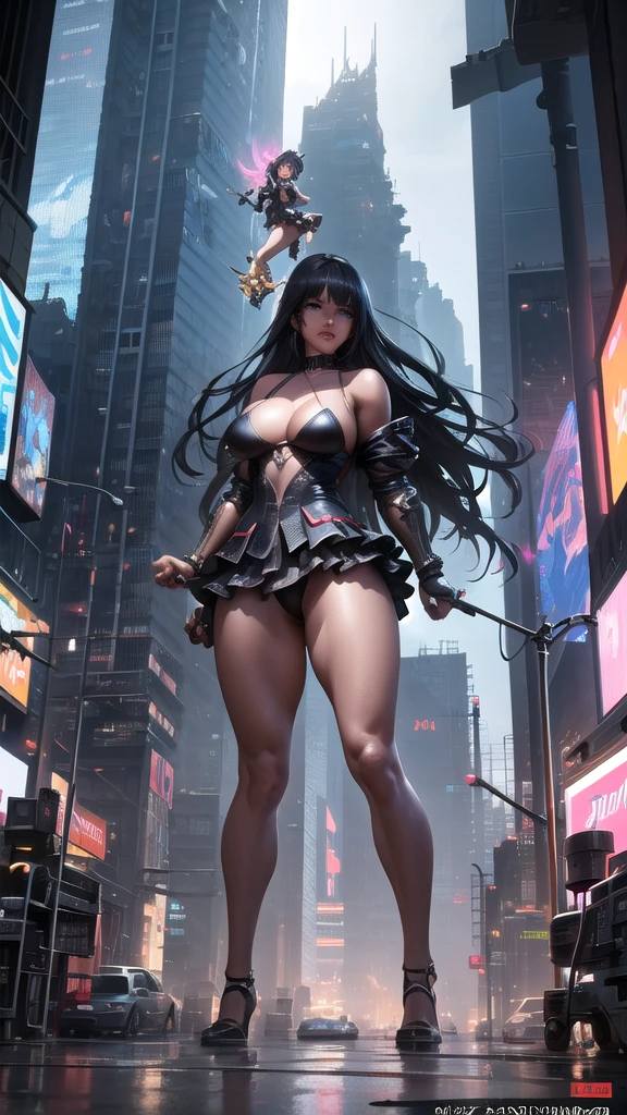 Hyperrealistic version of a woman giant. A giant woman in a bikini lying on top of a cyberpunk city, Little guys running around the giant girl, Standing on her hand, cgsociety 9, 2. 5 d cgi fantasy art, engine rendering unreal + a goddess, full body cgsociety, artgerm ; Hyper realistic 3d content, giant art, super detailed 3d matte paintings, super detailed 3d matte paintings, realistic fantasy art, realistic 3 d anime style. Beautiful girl. Big thighs."The little people stood on the top of a high-rise building waving to the girl".Wear short skirts.