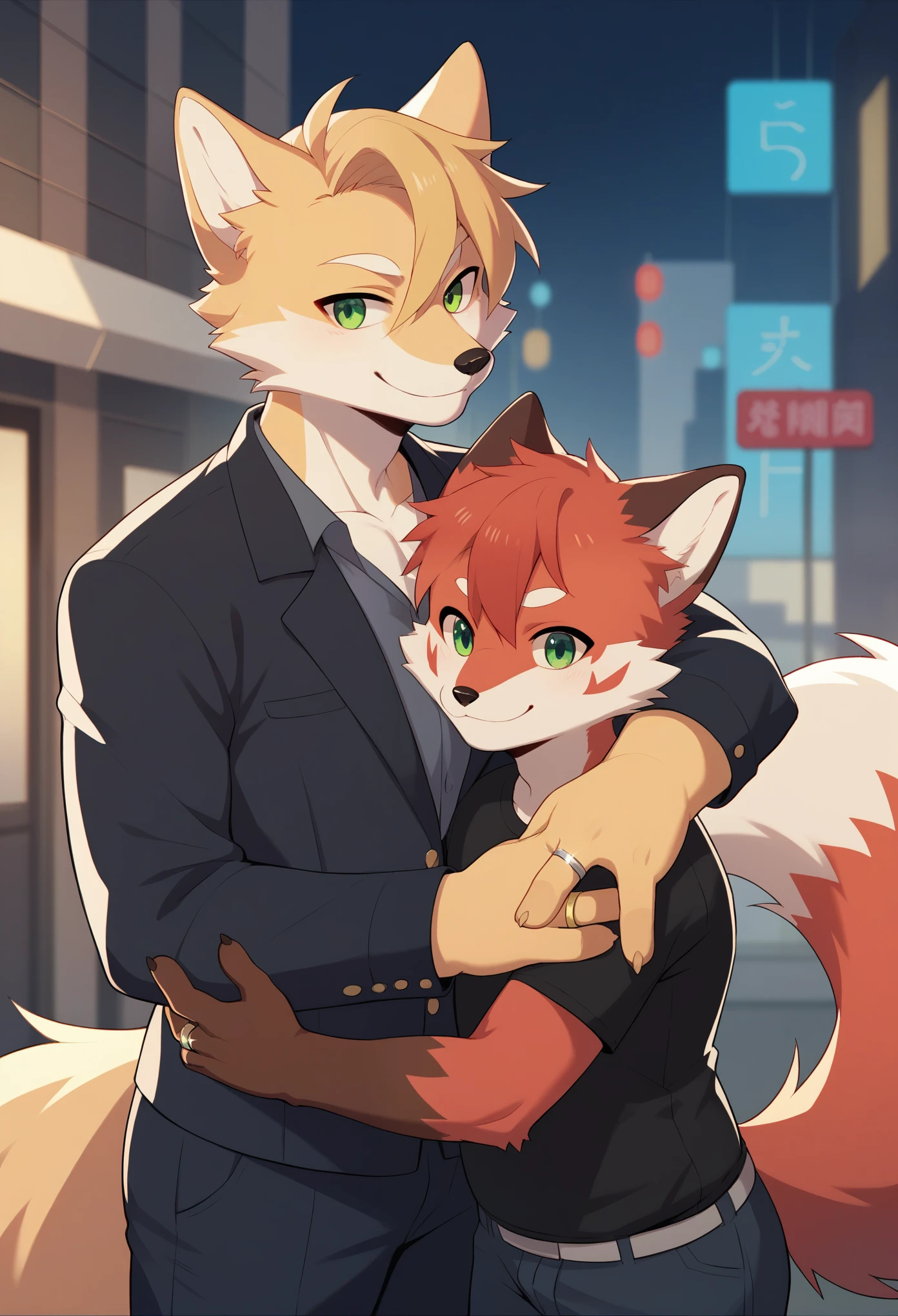 (by hioshiru and kenket and dimwitdog, michael amp inessa garmash, ruan jia, pino daeni, chunie), arctic fox, anthro, very chubby,green eyes, hair, fluffy tail , male , city background ,bedroom ,black royal clothes , king, standing, smiling, ring on finger, hugging, red fox