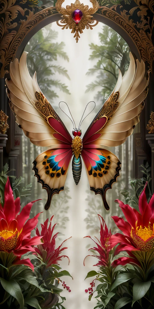 A high-resolution, symmetrical composition photo featuring a giant butterfly with wings made of fire phoenix feathers. The butterfly has a long, feathered tail that extends gracefully. Its body is adorned with a fiery red ruby at the center, exuding a regal aura. The wings and tail incorporate a gold motif, with intricate, gothic patterns woven throughout. The background is rich and textured, complementing the royal style and enhancing the luxurious, ornate details of the butterfly. The overall scene is grand and majestic, evoking a sense of elegance and power.
