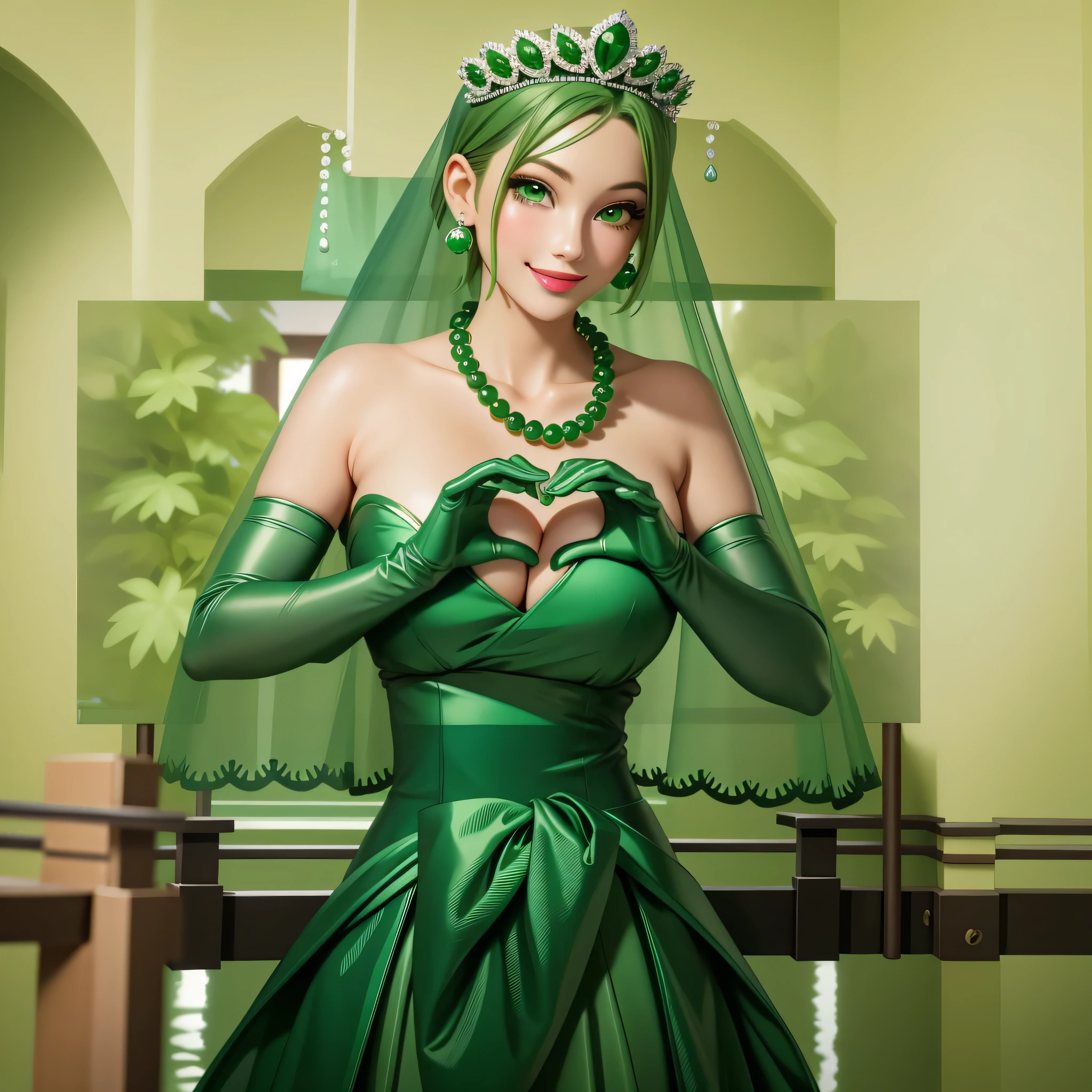 emerald tiara, Green Pearl Necklace, Boyish very short green hair, Green Lips, Smiling Japanese woman, Very short hair, Busty beautiful lady, Green Eyes, Green satin long gloves, Green Eyes, Emerald Earrings, Green veil, Heart with both hands, Green Hair, Beautiful Japanese Women, Heart shaped hands:1.3, green lip gloss