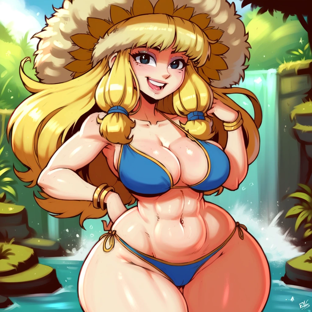 (masterpiece, best quality, Highly detailed, Highly detailed, High Quality, perfect quality, good quality, HDR, UHD), Score_9, score_8_up, score_7_up, score_6_up, 2d, RayNymph, (Helena_Headbasket), (((1girl, solo, alone))), (((yellow long hair, black eyes, wide hips, curvy))), light skin, looking at viewer, smile,
((( blue bikini ))),
sexy pose, dynamic pose, dynamic angle, cowboy shot,
outdoor, epic jungle forest, dark, waterfall,