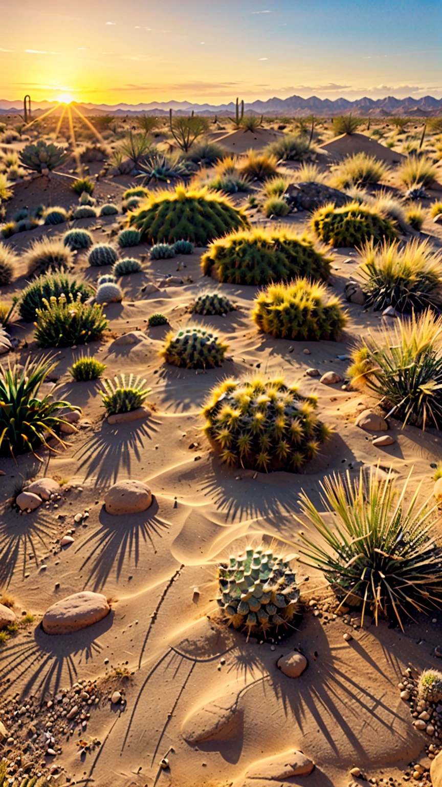 desert background with setting sun, formed by reeds, stones, sand, grasses, bushes, distributed spaced across the terrain, desert plants, cacti, xerophytic vegetation,