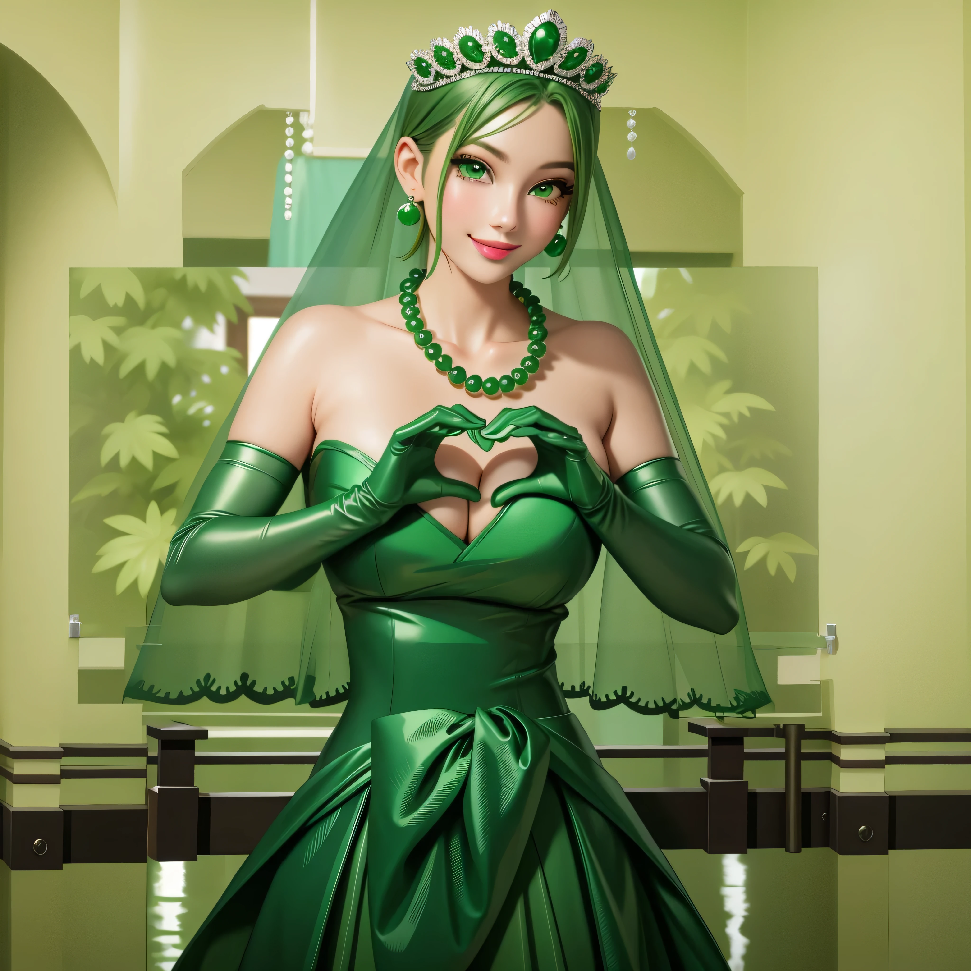 emerald tiara, Green Pearl Necklace, Boyish very short green hair, Green Lips, Smiling Japanese woman, Very short hair, Busty beautiful lady, Green Eyes, Green satin long gloves, Green Eyes, Emerald Earrings, Green veil, Heart with both hands, Green Hair, Beautiful Japanese Women, Heart shaped hands:1.3, green lip gloss
