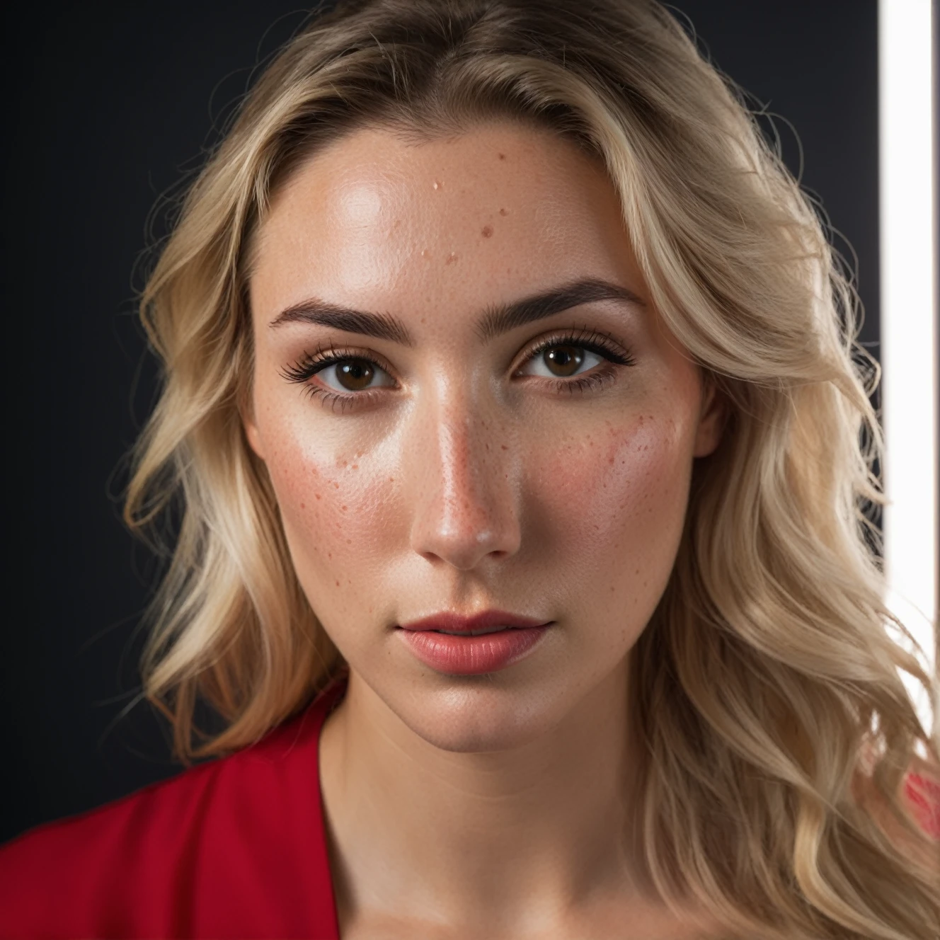 RAW photo, fashion photography, sharp focus, movie shot, best quality, masterpiece, ultra high res, photorealistic, 8K, professional photography, award winning photo, uhd, dslr, soft lighting, high quality, film grain, Fujifilm XT3
portrait of a beautiful blonde woman wearing a red shirt, she is standing in a photo studio, high detailed skin, intricate skin details, visible skin detail, mascara, skin pores, light freckles, skin fuzz, blush, translucent skin, subsurface scattering,  skin imperfections, wrinkles, vitiligo spots, skin fuzz
studio lighting, cameras, tripods, reflectors, photography equipment, softboxes, a photography backdrop stand, key light, fill light, rim light, back light