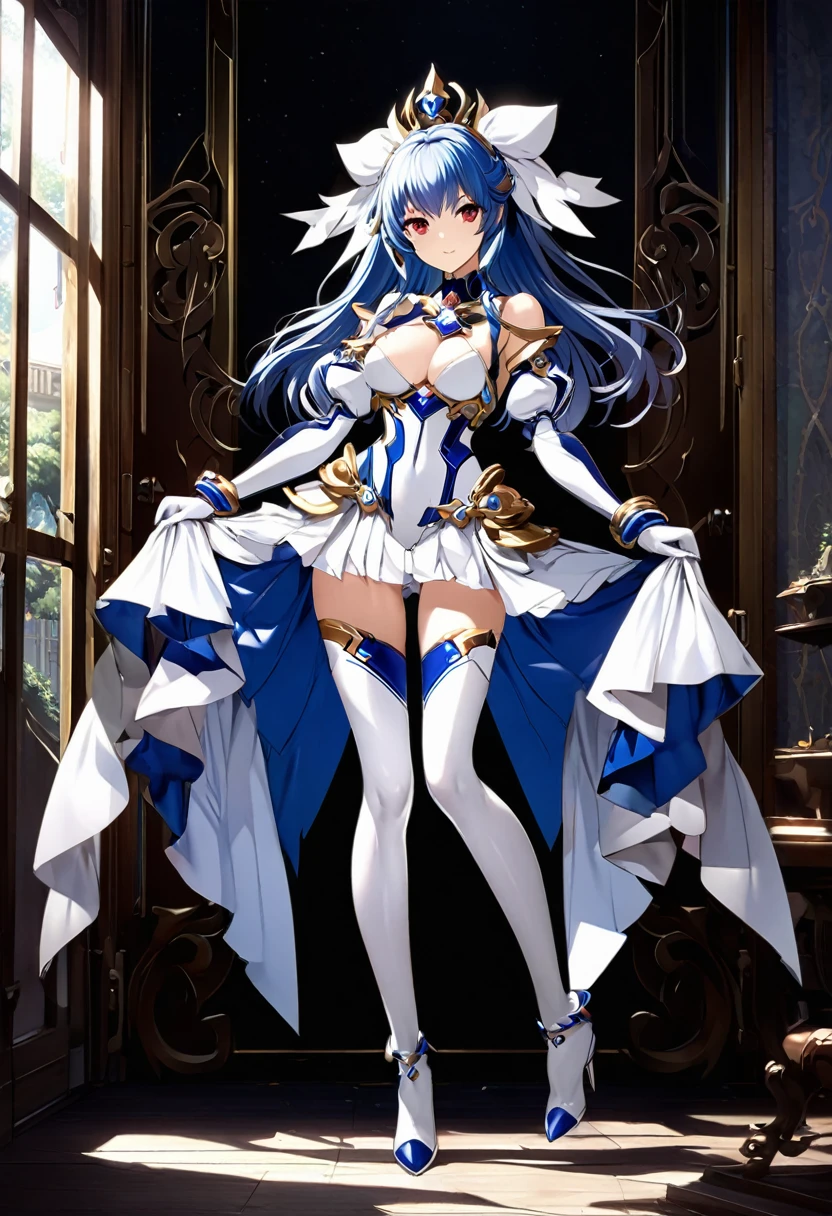 Highest quality、unity 8k wallpaper、32k、masterpiece、Very detailed、Ultra-high resolution、Very detailedな顔, RAW Photos, Professional, Ultra-fine painting, Blue Hair、Princess Half Up、Red Eyes、20Women in their early teens、Magic Warrior、Blue and white leotard、White pleated skirt with blue lines、Half puff sleeves with shoulder pads、A large white ribbon with a large sapphire on the chest、Long gloves with different colors on the palm and back of the hand, white and blue、White and blue thigh-high stiletto boots、Full Body