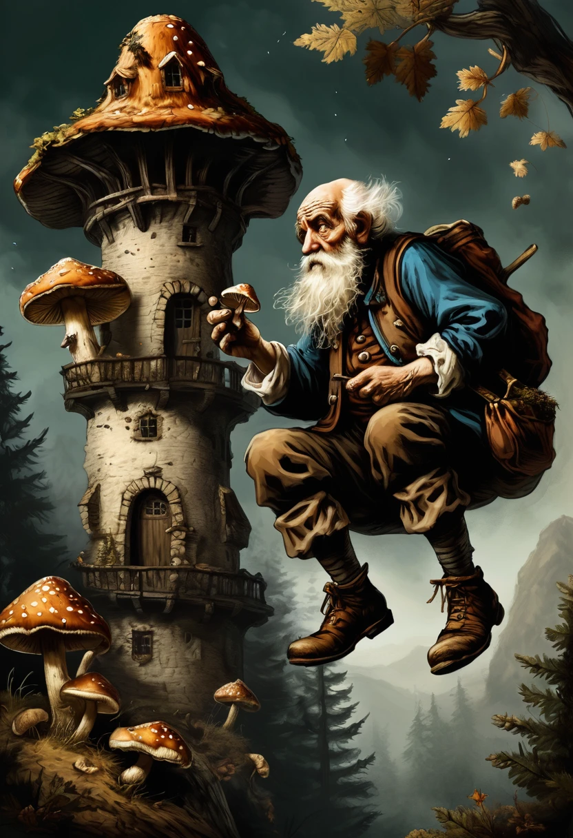 forest old man collects mushrooms. ate mushrooms, climbed the tower and jumped, the old man thought he could fly. Rembrandt style