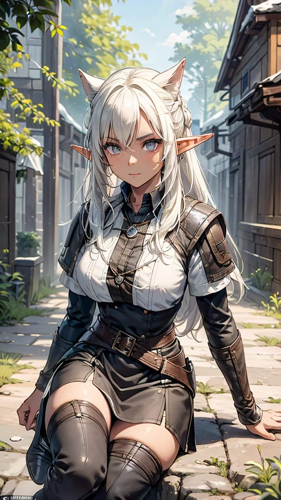 Features: An adventurous elf tennager girl, with elven ears, brown skin, dark skinned, a slightly curvy but still flat body and thin waist. She has bright golden eyes, big eyes, snow white hair, medium length straight hair, twintail hair style, double ponytail hairstyle and curtain bangs. She has a neutral, apathetic expression on her face. Outfit: She wears black and white adventurer clothes. White coat with buttoned sleeves, a black and white striped shirt underneath, a medium-sized white skirt, a black belt, black pantyhose and brown leather high-boots. Scenario: A dense pine forest by day.
