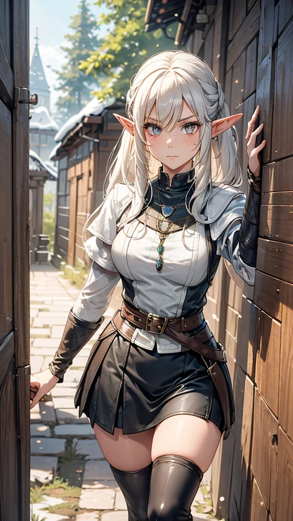 Features: An adventurous elf tennager girl, with elven ears, brown skin, dark skinned, a slightly curvy but still flat body and thin waist. She has bright golden eyes, big eyes, snow white hair, medium length straight hair, twintail hair style, double ponytail hairstyle and curtain bangs. She has a neutral, apathetic expression on her face. Outfit: She wears black and white adventurer clothes. White coat with buttoned sleeves, a black and white striped shirt underneath, a medium-sized white skirt, a black belt, black pantyhose and brown leather high-boots. Scenario: A dense pine forest by day.