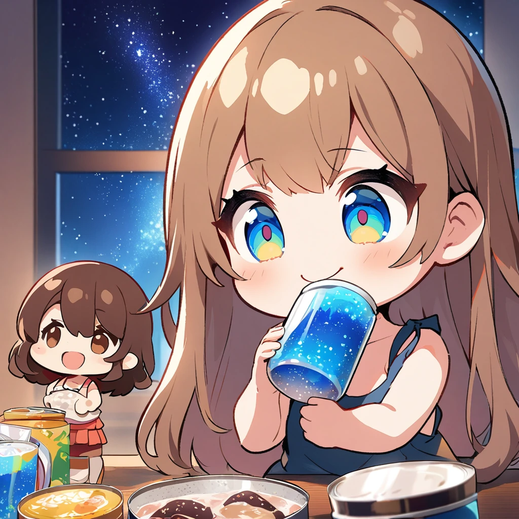 masterpiece、Highest quality、Depth of subject、２D illustration、1 beautiful girl、独奏, (((chibi style)))、((night)), ((window)), ((starry sky)), Long, beautiful hair、shiny brown hair、cute、Beautifully detailed eyes、((Tank top))、a glass of blue soda, ((colorful))、mini skirt、((happy smile))、((Canned Chuhai)), ((close up shot))、((eating beefsteak)), ((in the room))、((There&#39;s a lot of pink around))、Thighs、((vivid color))、sparkle、((Lens flare))、