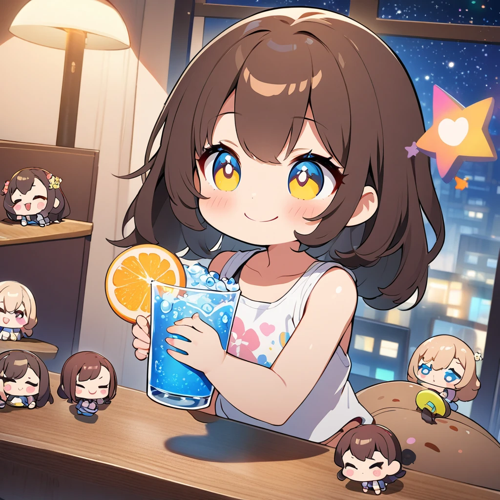 masterpiece、Highest quality、Depth of subject、２D illustration、1 beautiful girl、独奏, (((chibi style)))、((night)), ((window)), ((starry sky)), Long, beautiful hair、shiny brown hair、cute、Beautifully detailed eyes、((Tank top))、a glass of blue soda, ((colorful))、mini skirt、((happy smile))、((Canned Chuhai)), ((close up shot))、((eating beefsteak)), ((in the room))、((There&#39;s a lot of pink around))、Thighs、((vivid color))、sparkle、((Lens flare))、