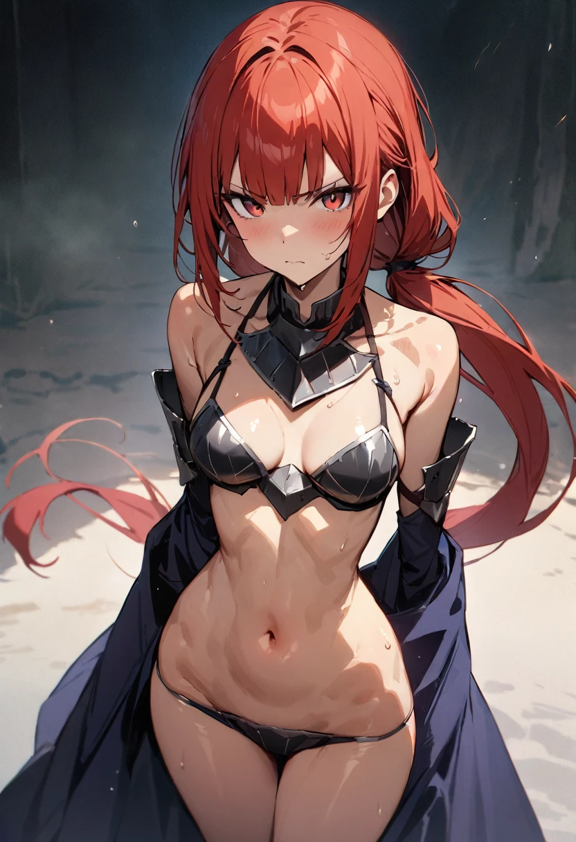 red eyes、naked、(((pubic hair)))、female organ、strong wind、storm、tattoo、Beautiful Girl Magician、Red-haired twin tails、((whole body))、(((photo taken from below)))、darkne magic circle、cloak