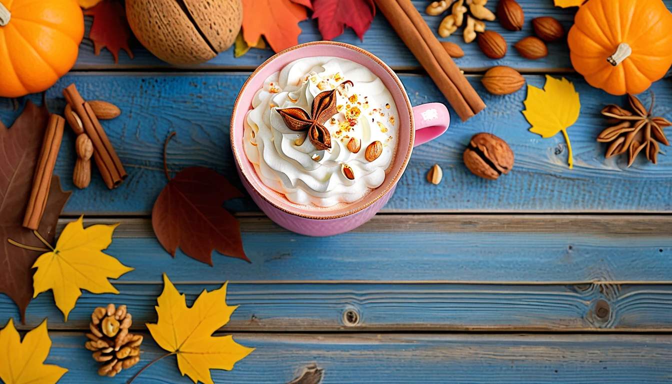 Create an image of a cozy autumn setting featuring a pink textured mug filled with a creamy beverage, topped with whipped cream and a sprinkle of cinnamon. The mug is surrounded by an array of autumn leaves in various shades of orange, yellow, and brown, as well as nuts like walnuts and almonds scattered on a rustic blue wooden surface. The warm tones and the inviting composition evoke the essence of fall.