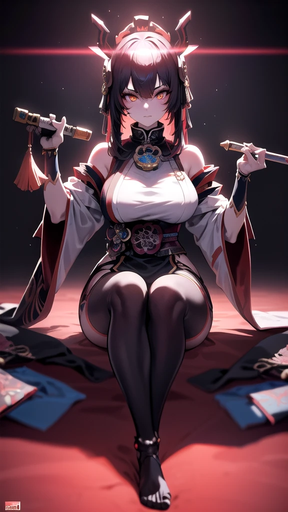 Surreal version of a woman sitting down on one knee with a sword in her hand, Sitting, very beautiful cyberpunk samurai, anime cyberpunk art, cyberpunk samurai, cyberpunk anime art, cyberpunk anime, cgsociety 9, anime art digital cyberpunk, style of maciej kuciara .1girl, samurai armor, devil mask helmet, intricate, detailed ornaments, cool colors, metallic, Egyptian details, very intricate details , realistic lighting, trending on cgsociety, glowing eyes, facing camera, neon details, ultra realistic details, full body portraits, Japanese atmosphere, global illumination, dark, octane rendering, 8k, super sharp ta.cool.