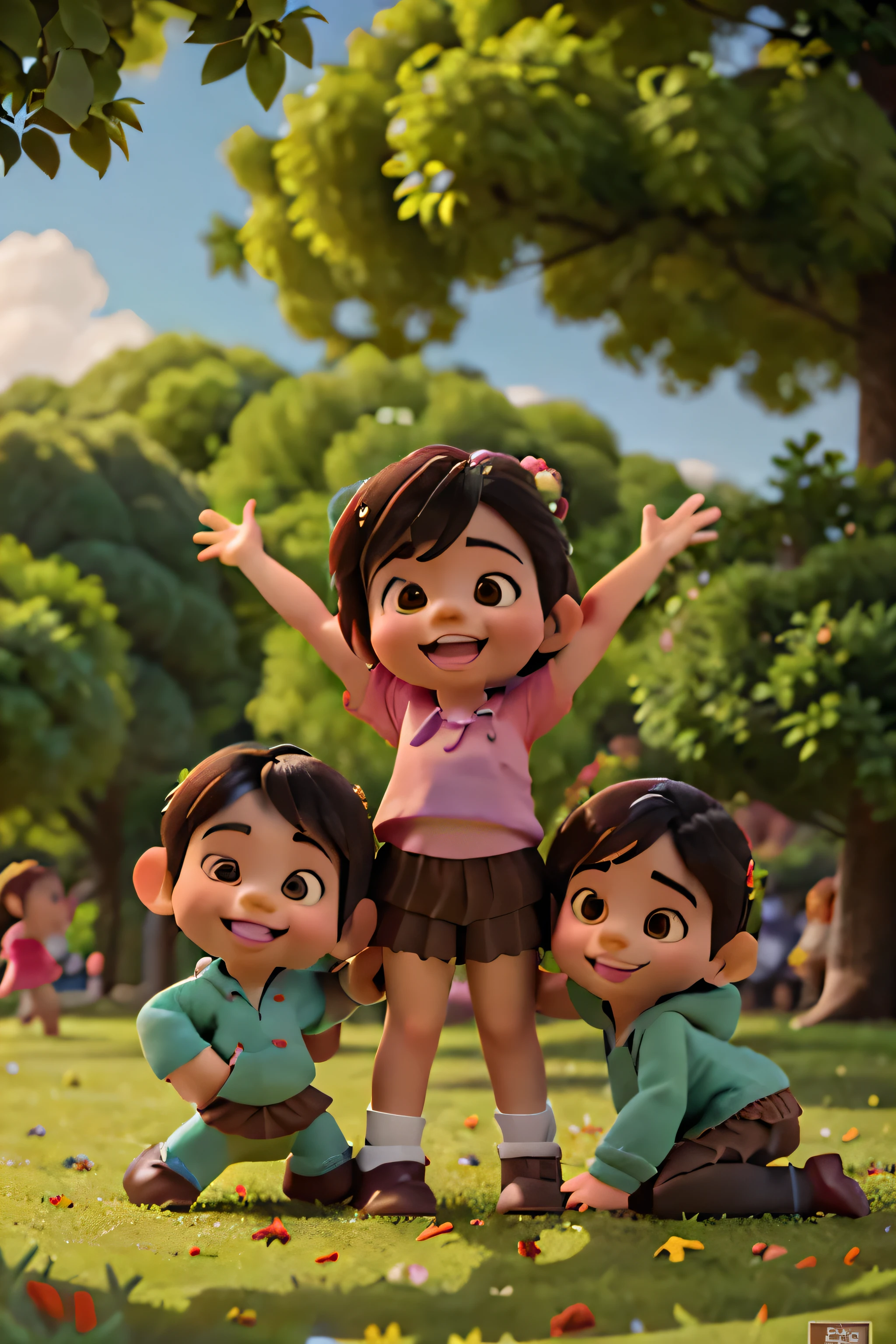 Three children playing happily in a sunny park, surrounded by green trees and colorful flowers, various poses, children's book illustration style, simple, cute, , colors, brown hair, super realistic drawing
