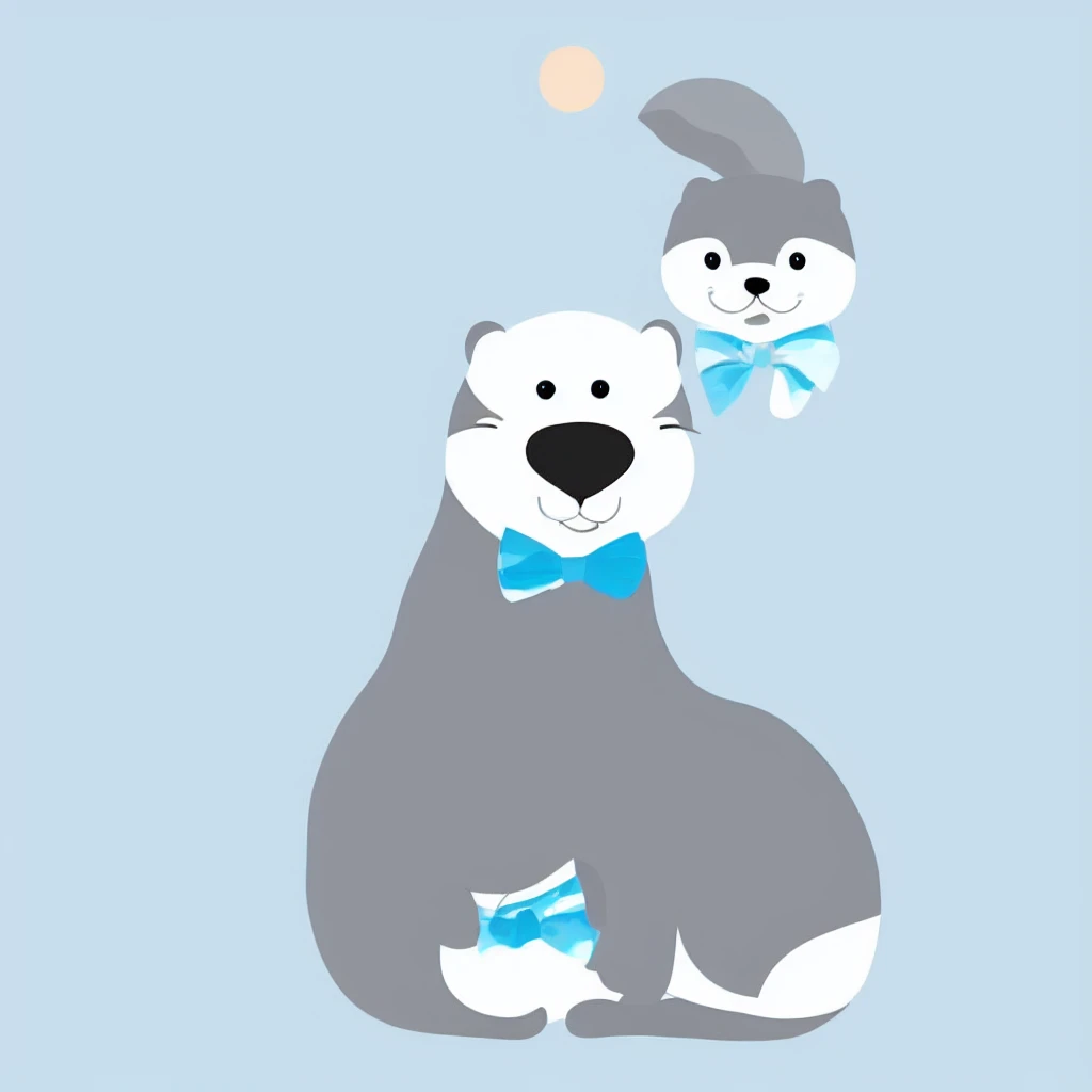 character name, bow, cloud, fang out, bowtie, white border, grey background, otter, drinking glass, sky, animal focus, on stomach