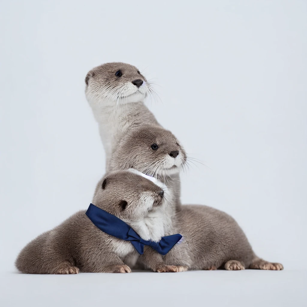 character name, bow, cloud, fang out, bowtie, white border, grey background, otter, drinking glass, sky, animal focus, on stomach