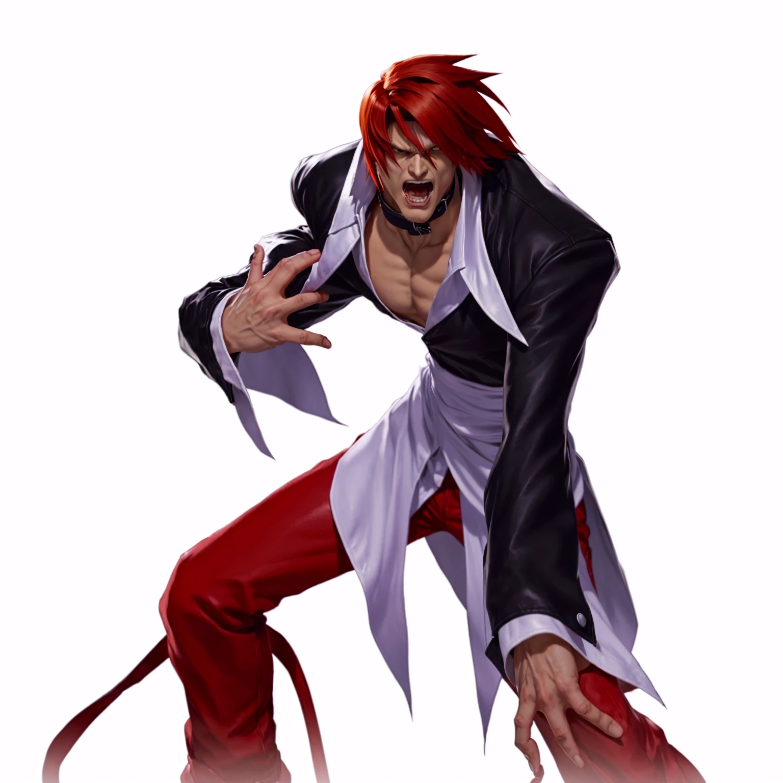 a cartoon image of a man with red hair and a black jacket, character from king of fighters, king of fighters style, goro, fighting game character, kazuma kaneko, l vampire, evil pose, guilty gear art style, menacing pose, kusanagi, as a character in tekken, daigo ikeno, djinn man male demon, striking pose