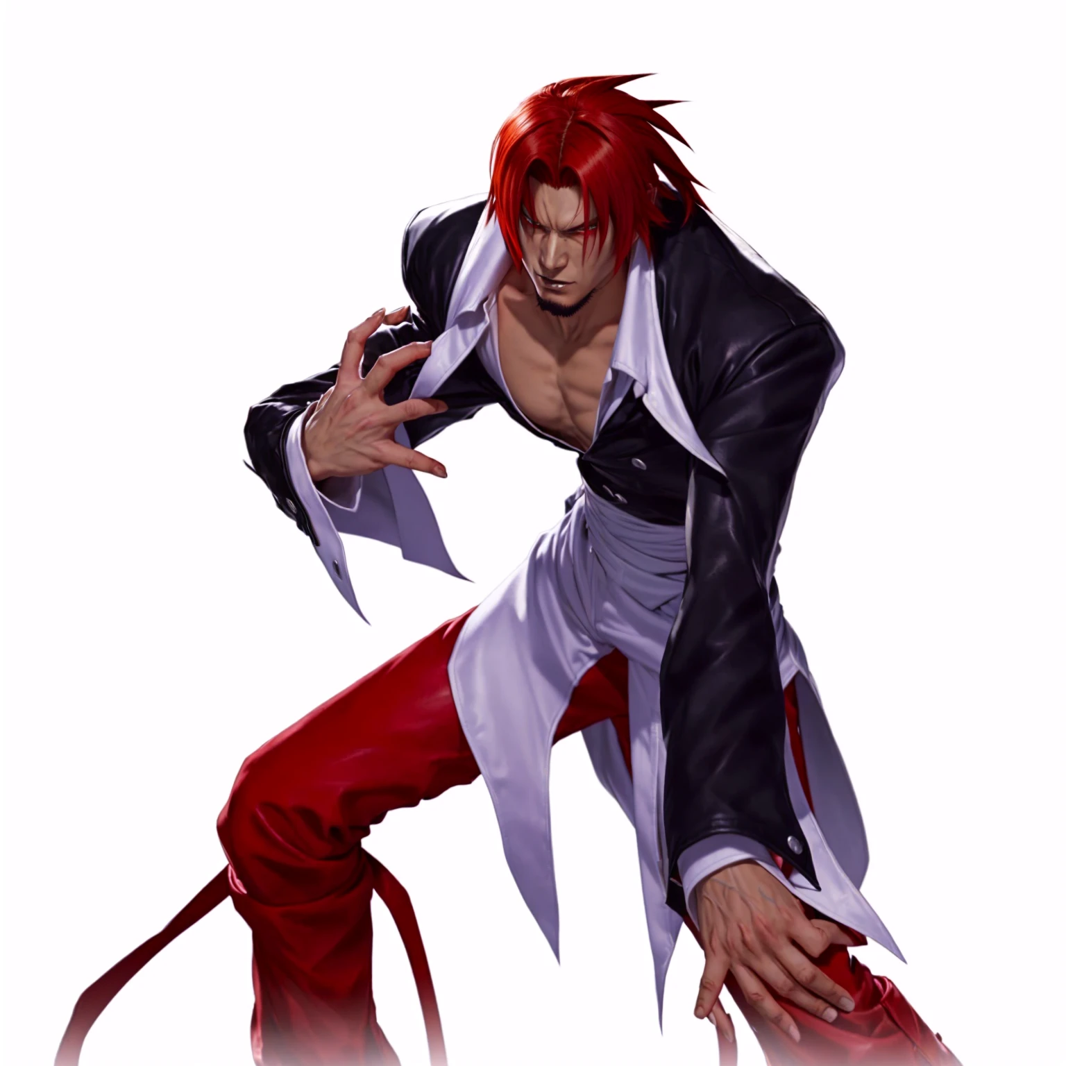 a cartoon image of a man with red hair and a black jacket, character from king of fighters, king of fighters style, goro, fighting game character, kazuma kaneko, l vampire, evil pose, guilty gear art style, menacing pose, kusanagi, as a character in tekken, daigo ikeno, djinn man male demon, striking pose