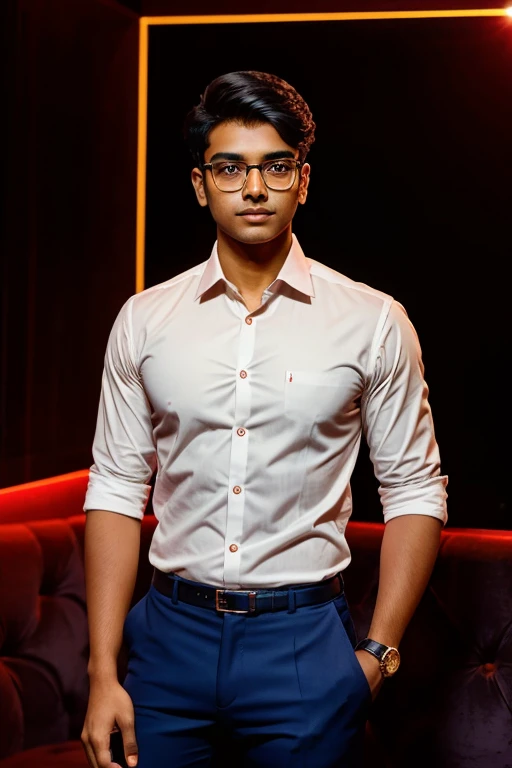 21 years old indian boy with fair skin wearing  spectacle and narrow body posing for a linkdin picture in formal  in red light background 