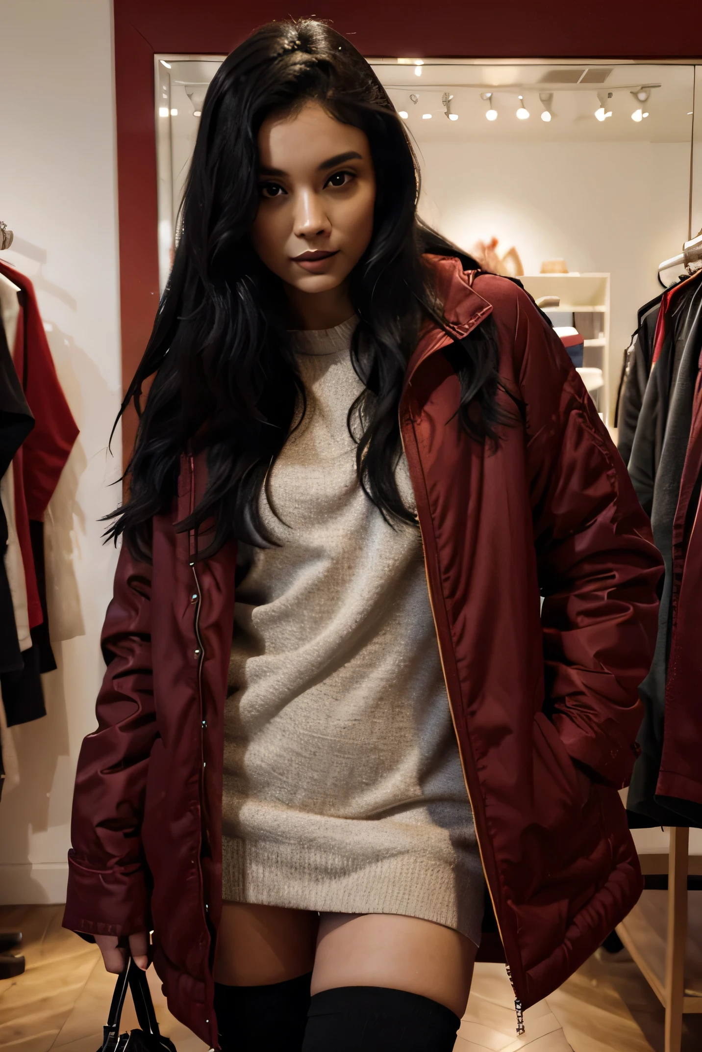 woman, black hair, red dress, with long stuffed jacket, in a boutique, looking at camera