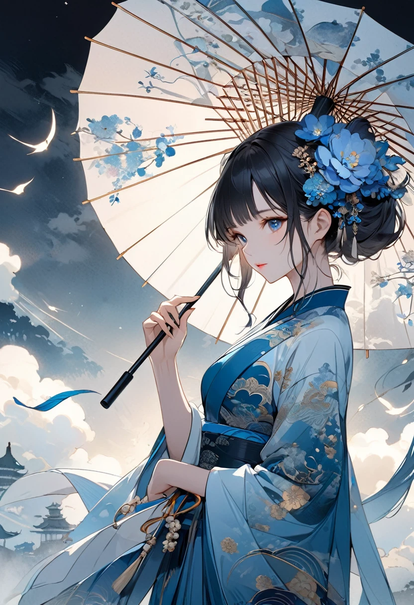 
      Perfect anatomical structure of one wearing a blue dress(Elegant and flying)woman holding light basket-colored umbrella under moonlight(close up)  The beautiful oriental girl umbrella has the correct anatomy of the fingers, the correct anatomy of the fingers, the beautiful and elegant art masterpiece, the background is abstract and blurry clouds, oriental ink, ethereal and dreamy ink painting style, clean and clear colors, super detailed animation art, perfect composition, intricate details, meticulous digital art