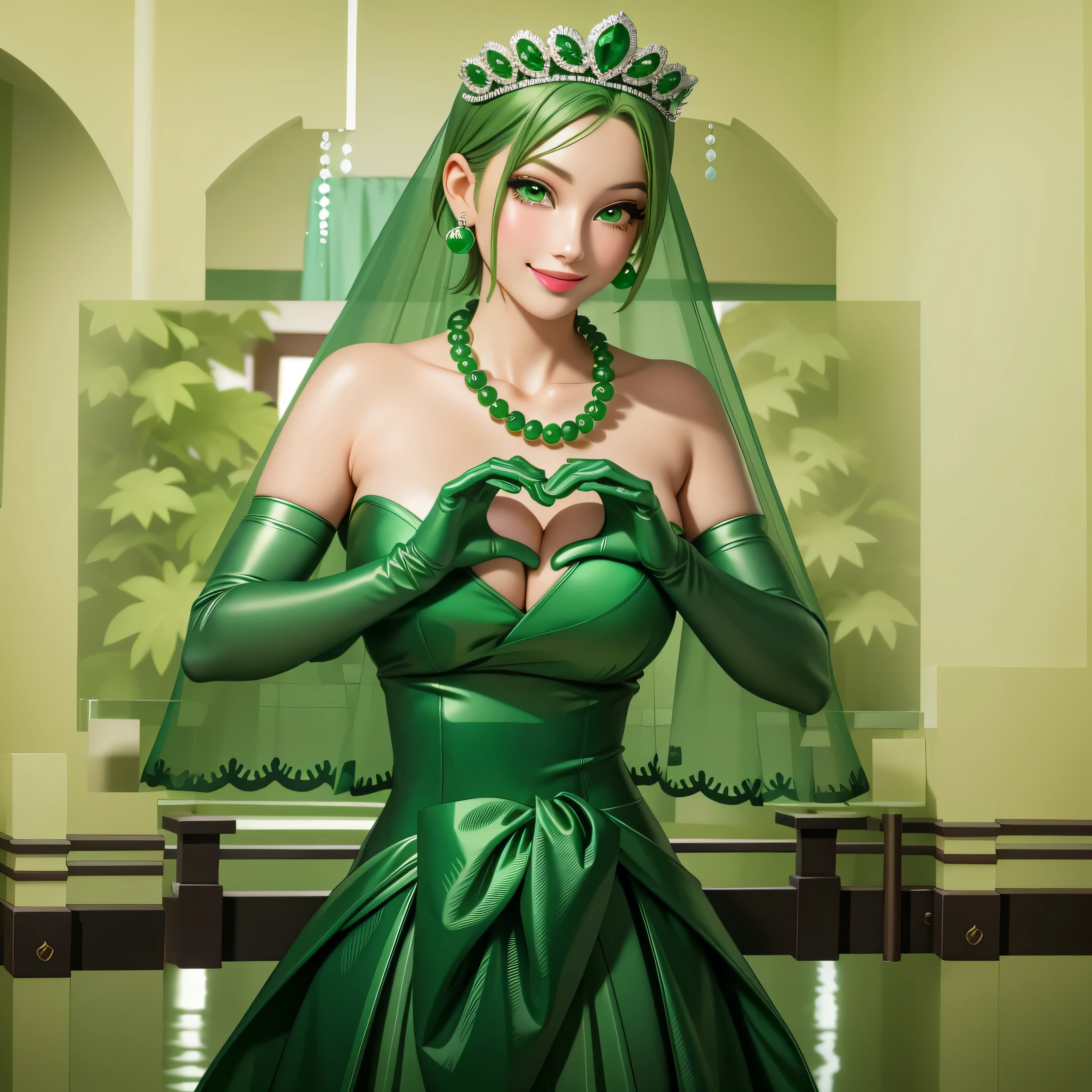 emerald tiara, Green Pearl Necklace, Boyish very short green hair, Green Lips, Smiling Japanese woman, Very short hair, Busty beautiful lady, Green Eyes, Green satin long gloves, Green Eyes, Emerald Earrings, Green veil, Heart with both hands, Green Hair, Beautiful Japanese Women, Heart shaped hands:1.3, green lip gloss