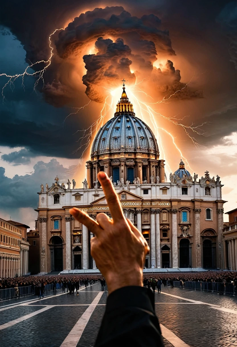 A dramatic, cinematic photograph of the Hand of God, rendered in bold, hyper-realistic detail, grasping the Vatican Cathedral in a divine reckoning, as electrifying bolts of orange-hued lightning erupt from His fingers, illuminating the dark, stormy sky, with the Cathedral's grand dome and sprawling architecture bathed in an ethereal, golden light, evoking a sense of awe-inspiring, celestial fury, with deep, foreboding shadows accentuating the scene's epic scale and mythical proportions, captured with striking clarity and depth.