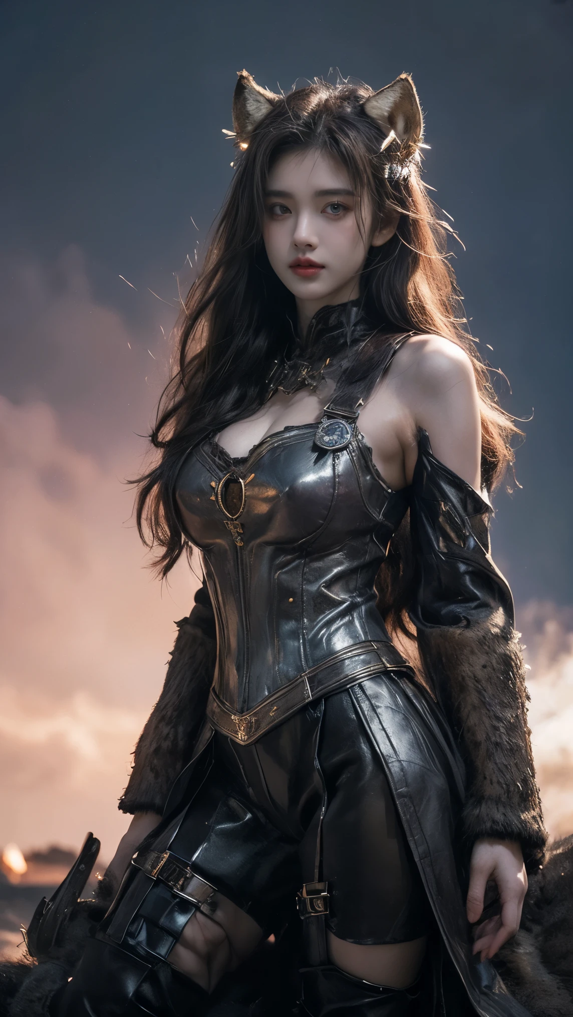 21yo girl,(wearing iron suit),(viking suit),(wearing viking suit), (wearing jacket wolf skin), (wolf skin),natural big breast, plump body,single sidelock hairpin blush modern cinematic lighting,ray tracing,drop shadow wide shot UHD,textured skin,high details,best quality 4K